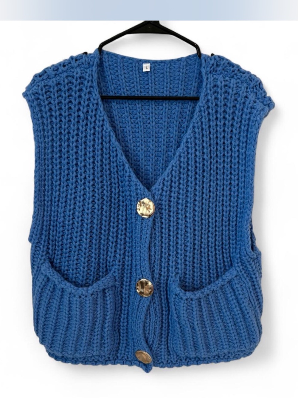 Blue Chunky Knit Button Front Sweater Vest, Size Large